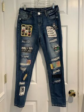 LALABOBO Women’s 100% Cotton Distressed Patched Y2K Anime Streetwear Jeans 32